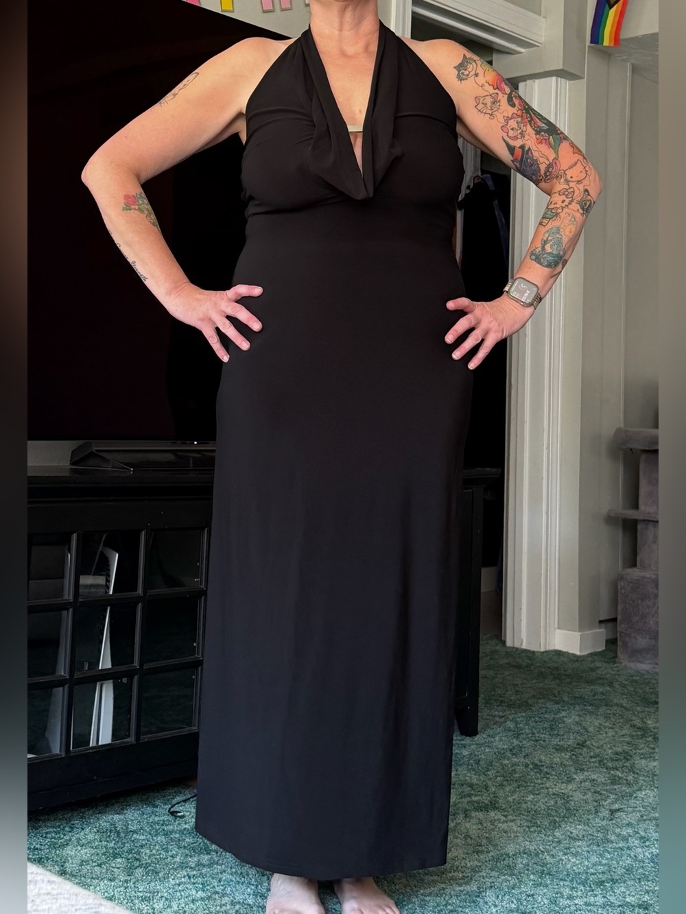 Vintage Cache Black Halter Maxi Dress Size 12 Open Strappy Back Made in USA